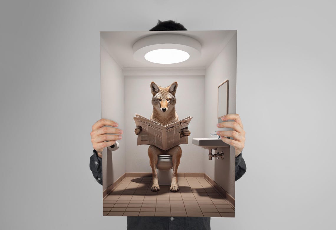 Coyote Reading the Newspaper on the Toilet Funny Bathroom Poster - Image 3
