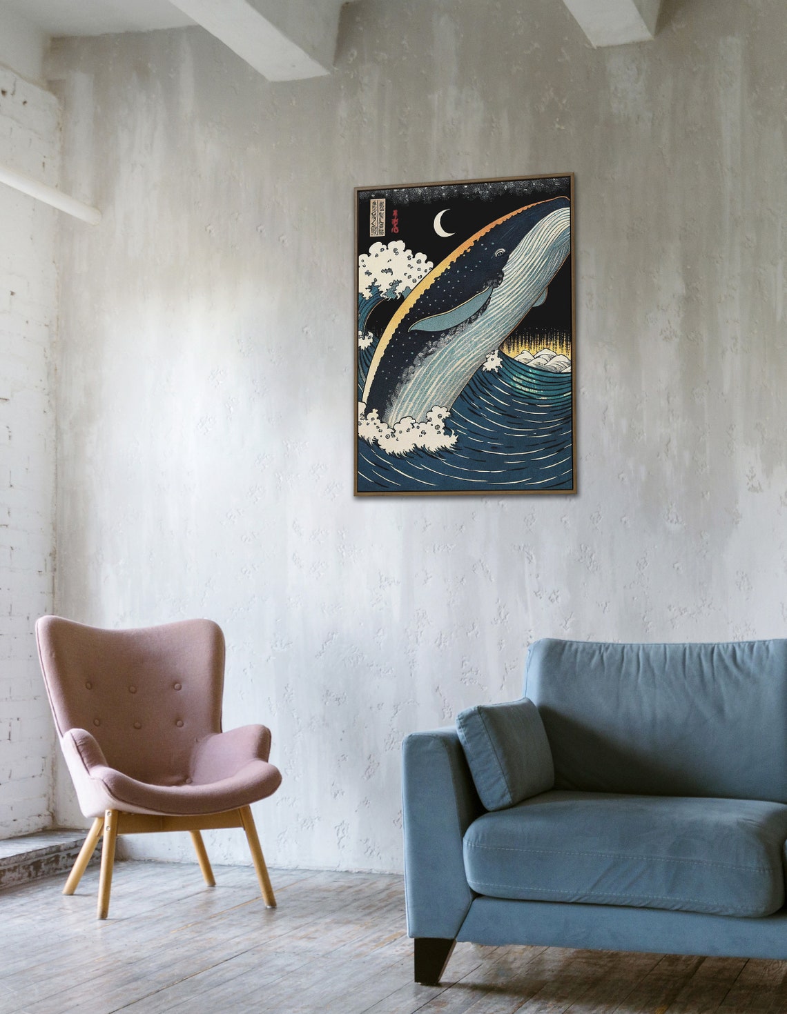 Whale Breaching at Night Under Crescent Moon Ukiyo E Japanese Poster - Image 3