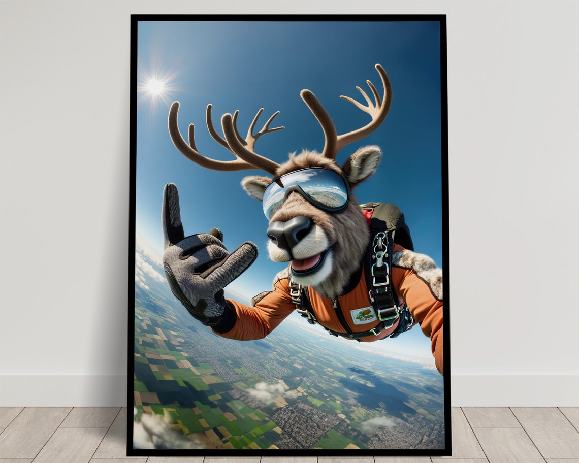 Reindeer Skydiving In Orange Jumpsuit Epic Freefall Christmas Poster
