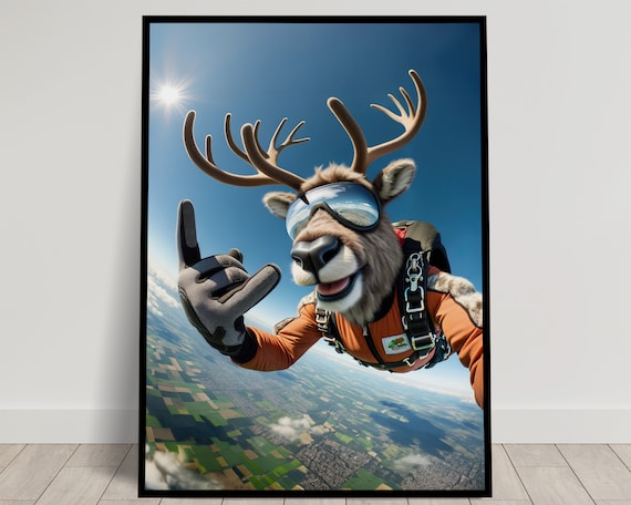 Reindeer Skydiving In Orange Jumpsuit Epic Freefall Christmas Poster
