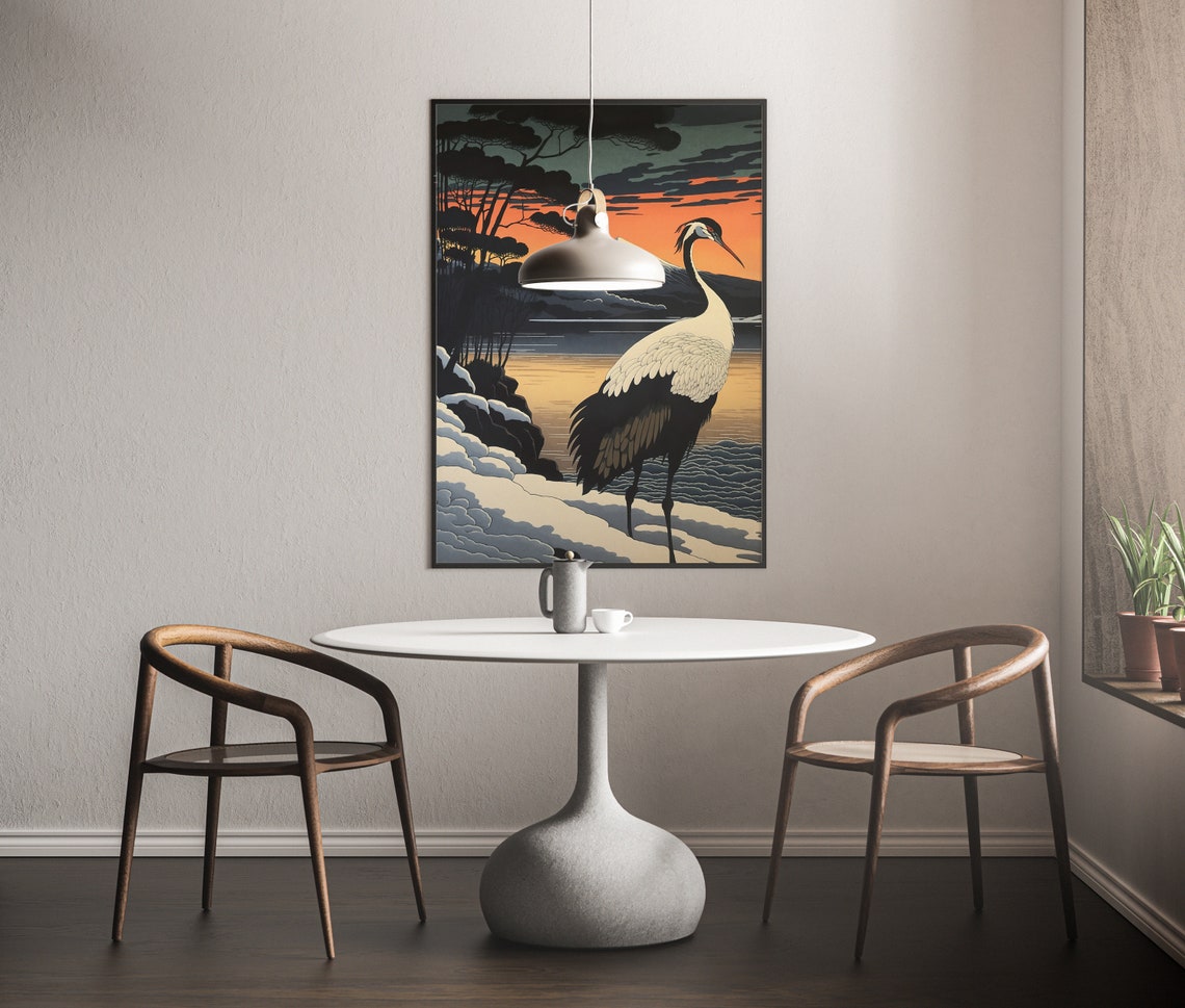 Red Crowned Crane At Sunset With Mount Fuji Japan Art Poster - Image 3