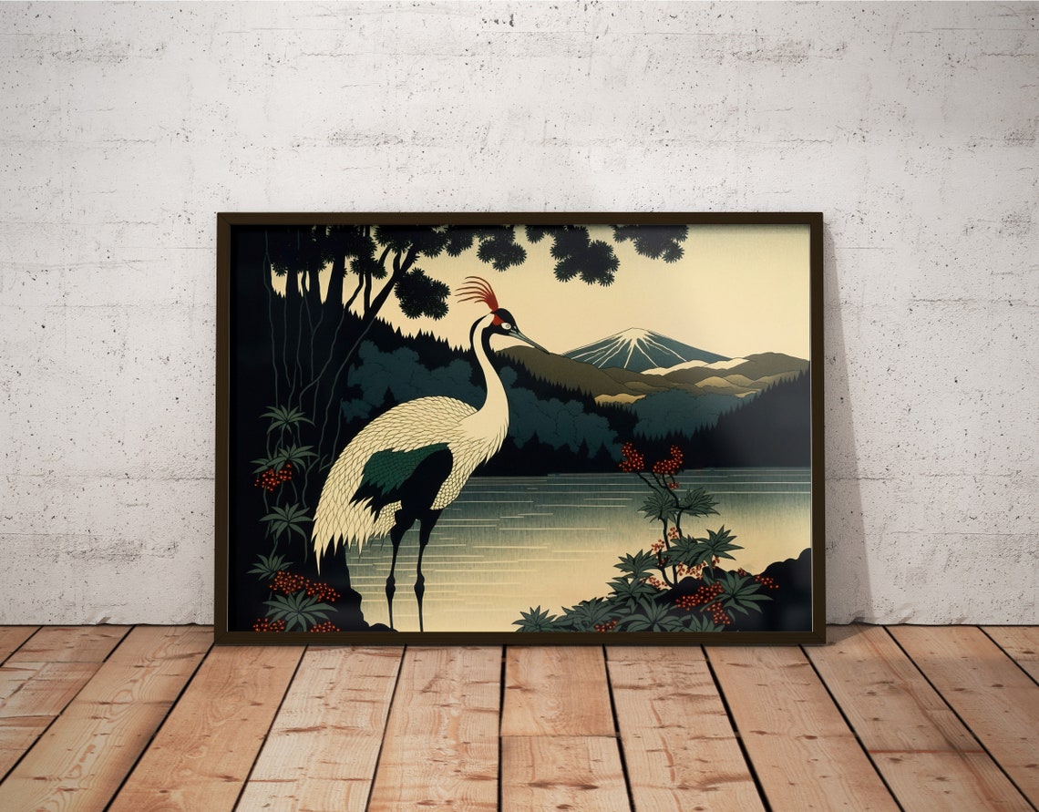 Red Crowned Crane Mount Fuji Sunset Japanese Landscape Poster - Image 2