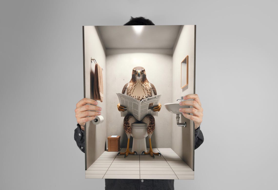 Hawk Reading the Newspaper on the Toilet Funny Bathroom Poster - Image 3