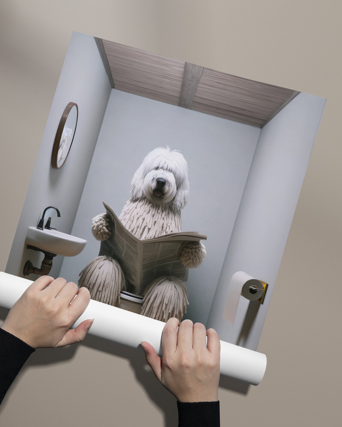 Photograph Of A Komondor Dog Reading The Newspaper On The Toilet Funny Bathroom Decor Bathroom Wall Art Wc Toilet Poster Gag Gift - Image 2