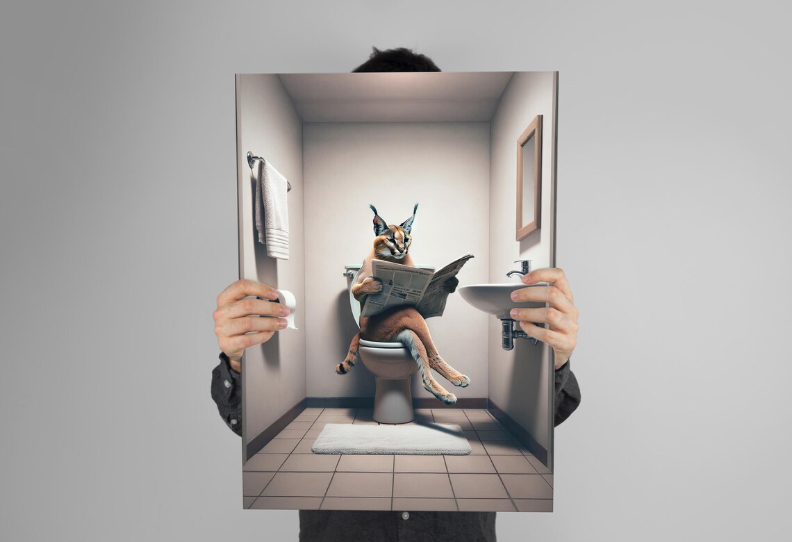 Caracal Reading the Newspaper on the Toilet Funny Bathroom Poster - Image 3