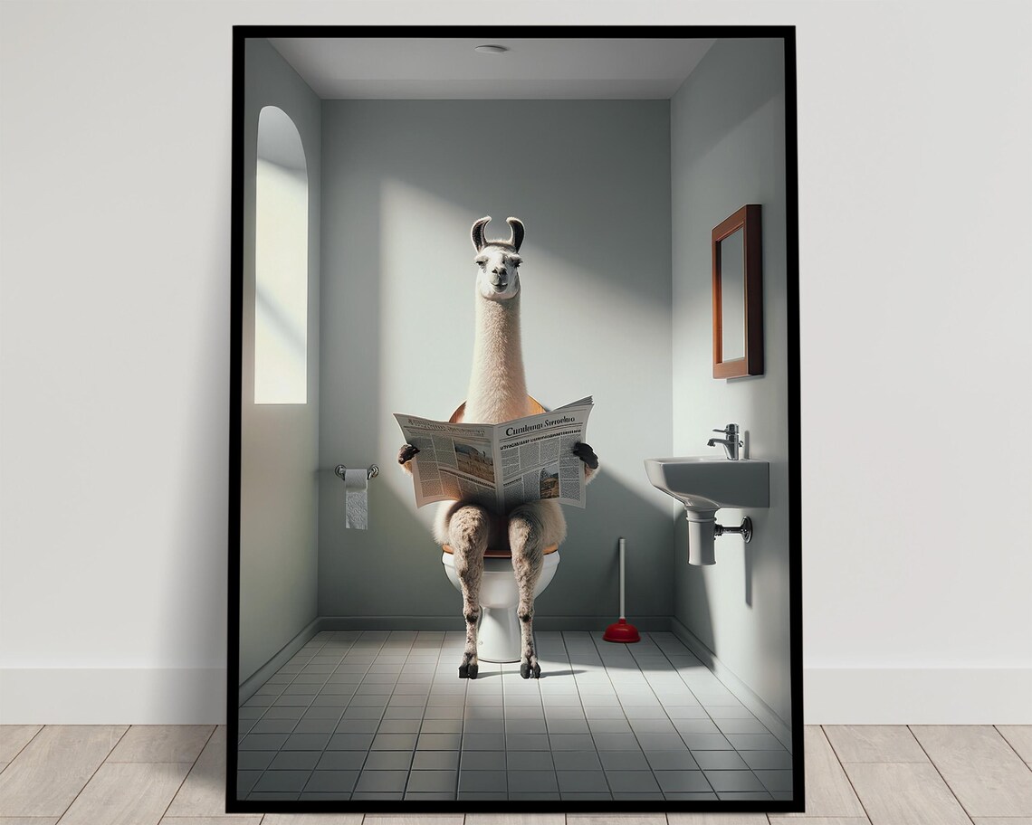 Llama Reading the Newspaper on the Toilet Funny Bathroom Poster