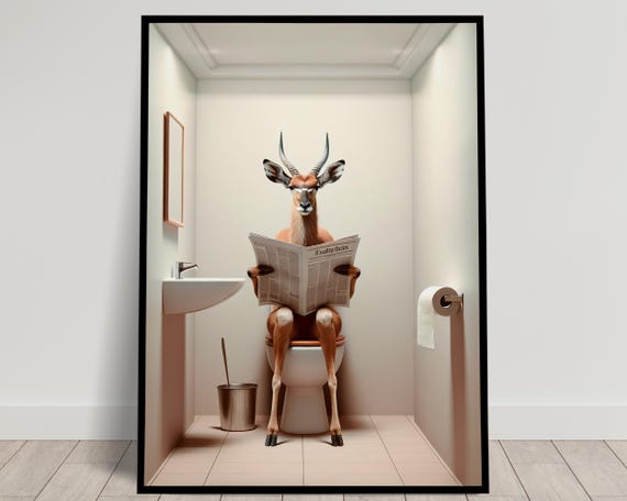 Photograph Of An Antelope Reading The Newspaper On The Toilet Funny Bathroom Decor Bathroom Wall Art Wc Toilet Poster Unique Gag Gift