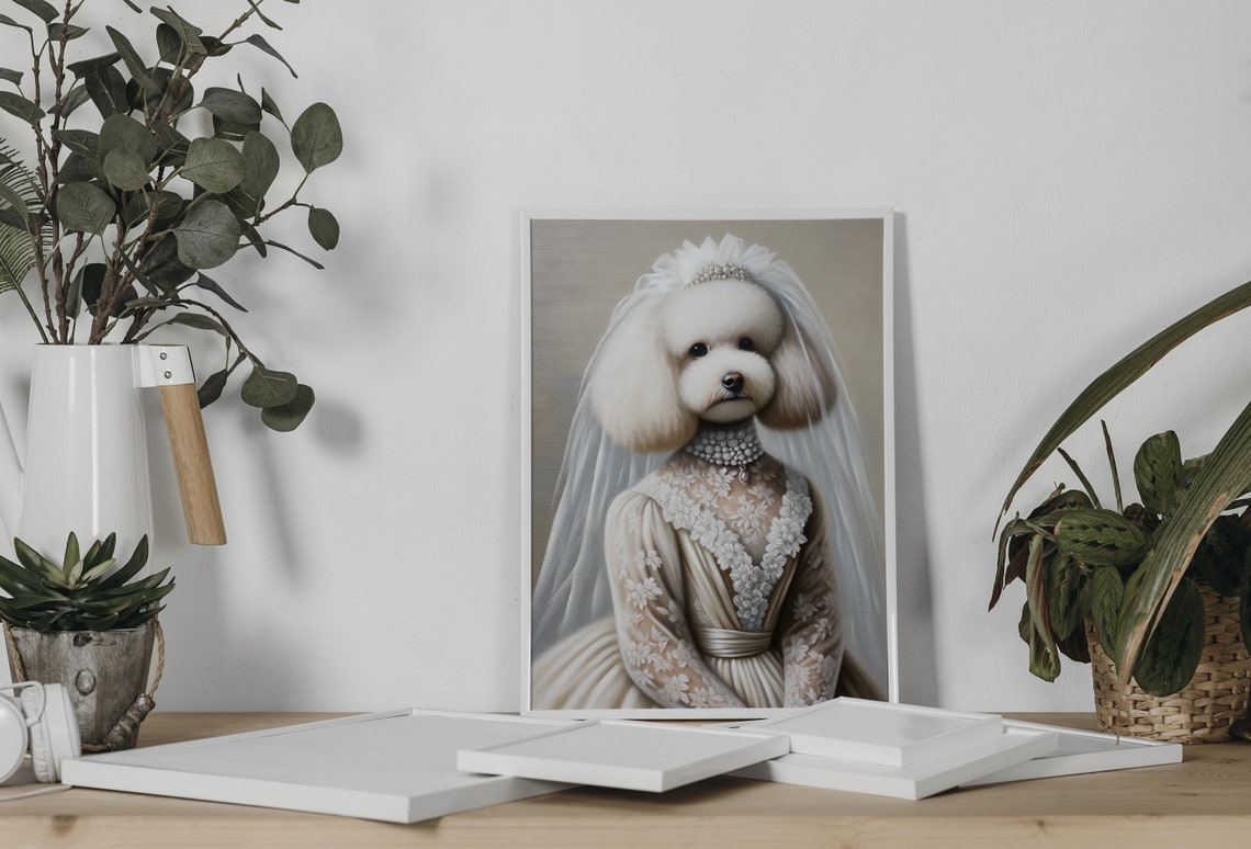 White Poodle Bride in Lace Wedding Gown Veil and Pearl Necklace Poster - Image 2