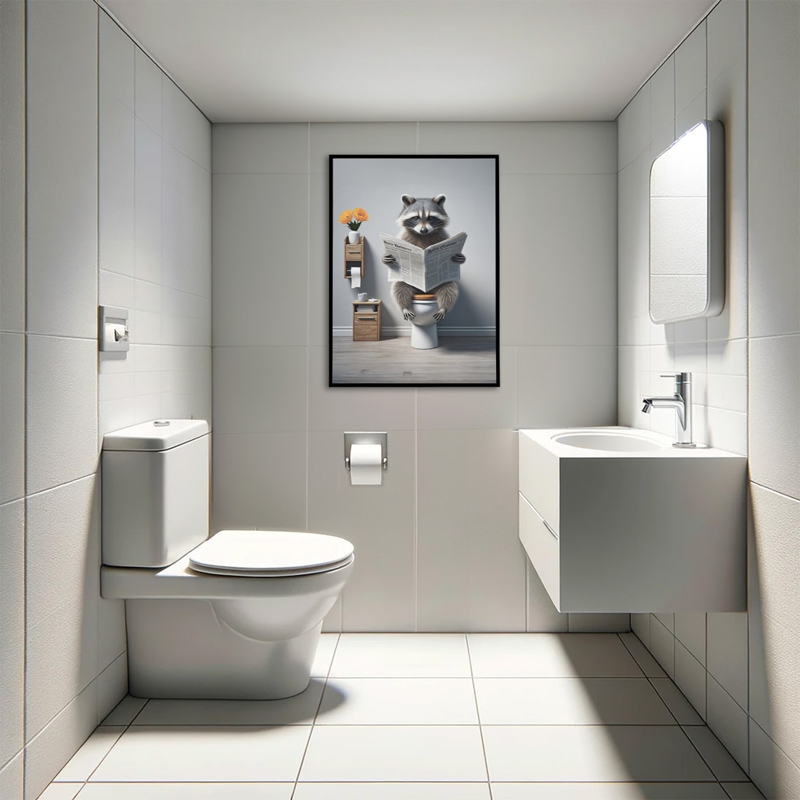 Funny Raccoon Reading Newspaper On Toilet Cute Bathroom Animal Poster - Image 4