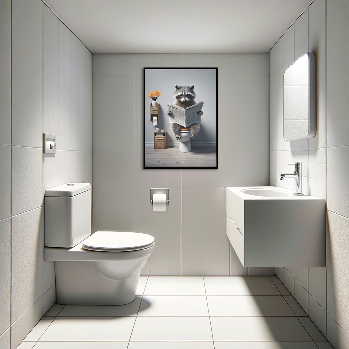 Photograph Of A Raccoon Reading The Newspaper On The Toilet Funny Bathroom Decor Bathroom Wall Art Wc Toilet Poster Unique Funny Gift - Image 4