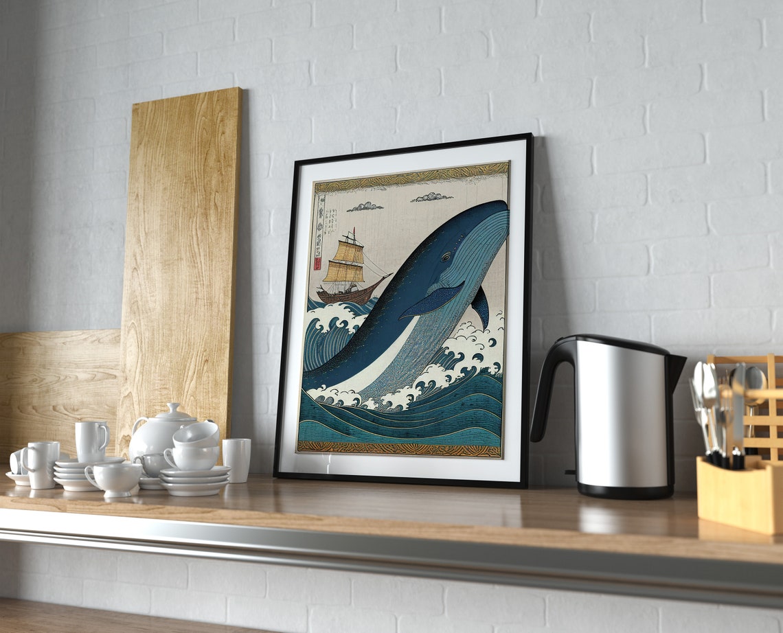 Giant Blue Whale Breaching Near Tall Ship Japanese Art Poster - Image 4