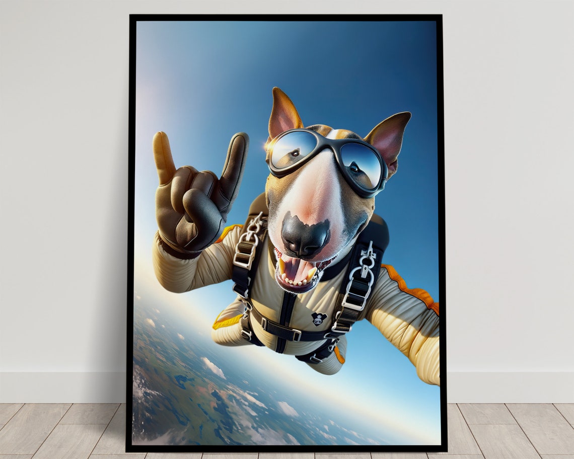 Bull Terrier Dog Skydiving Rock On Sign Epic Freefall Funny Poster