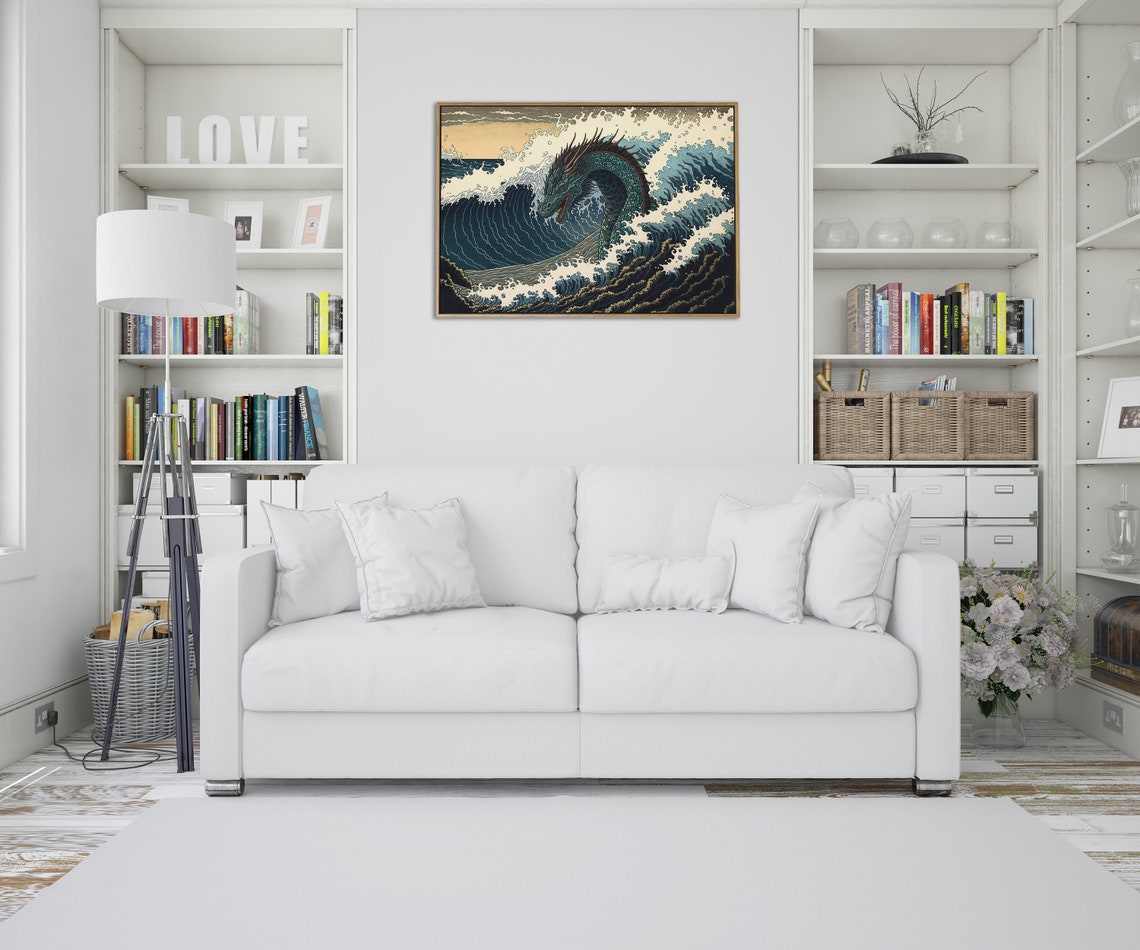 Japanese Dragon Rising From Ocean Waves Vintage Ukiyo E Poster - Image 4