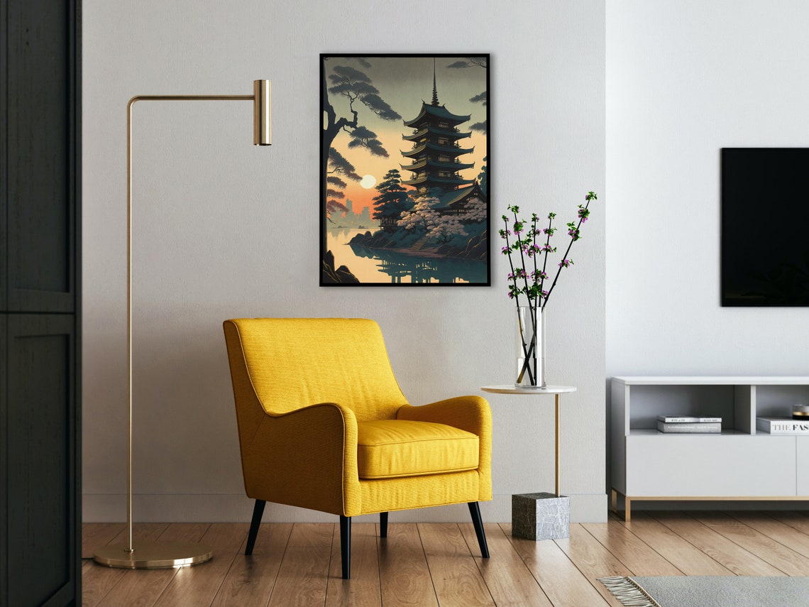 Five Story Pagoda At Sunrise Cherry Blossoms Lake Art Poster - Image 3