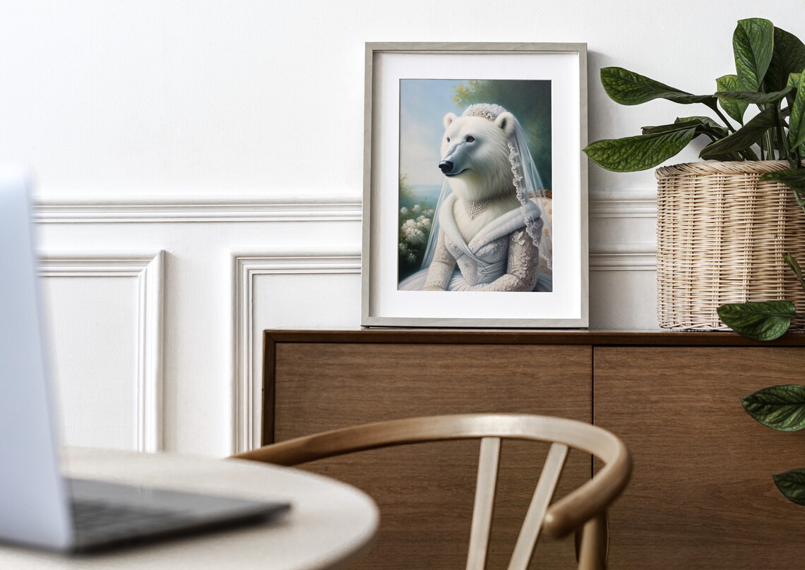 Polar Bear Bride in a White Lace Gown by the Sea Wedding Animal Poster - Image 3