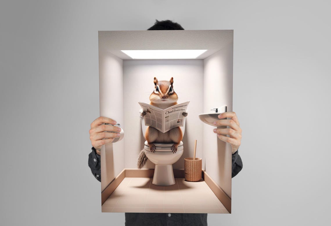 Chipmunk Reading the Newspaper on the Toilet Funny Bathroom Poster - Image 3