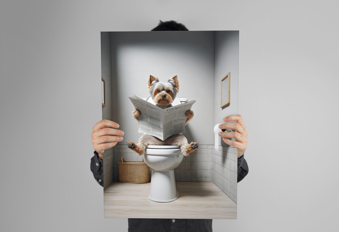 Yorkshire Terrier Reading Newspaper on the Toilet Funny Bathroom Poster - Image 3