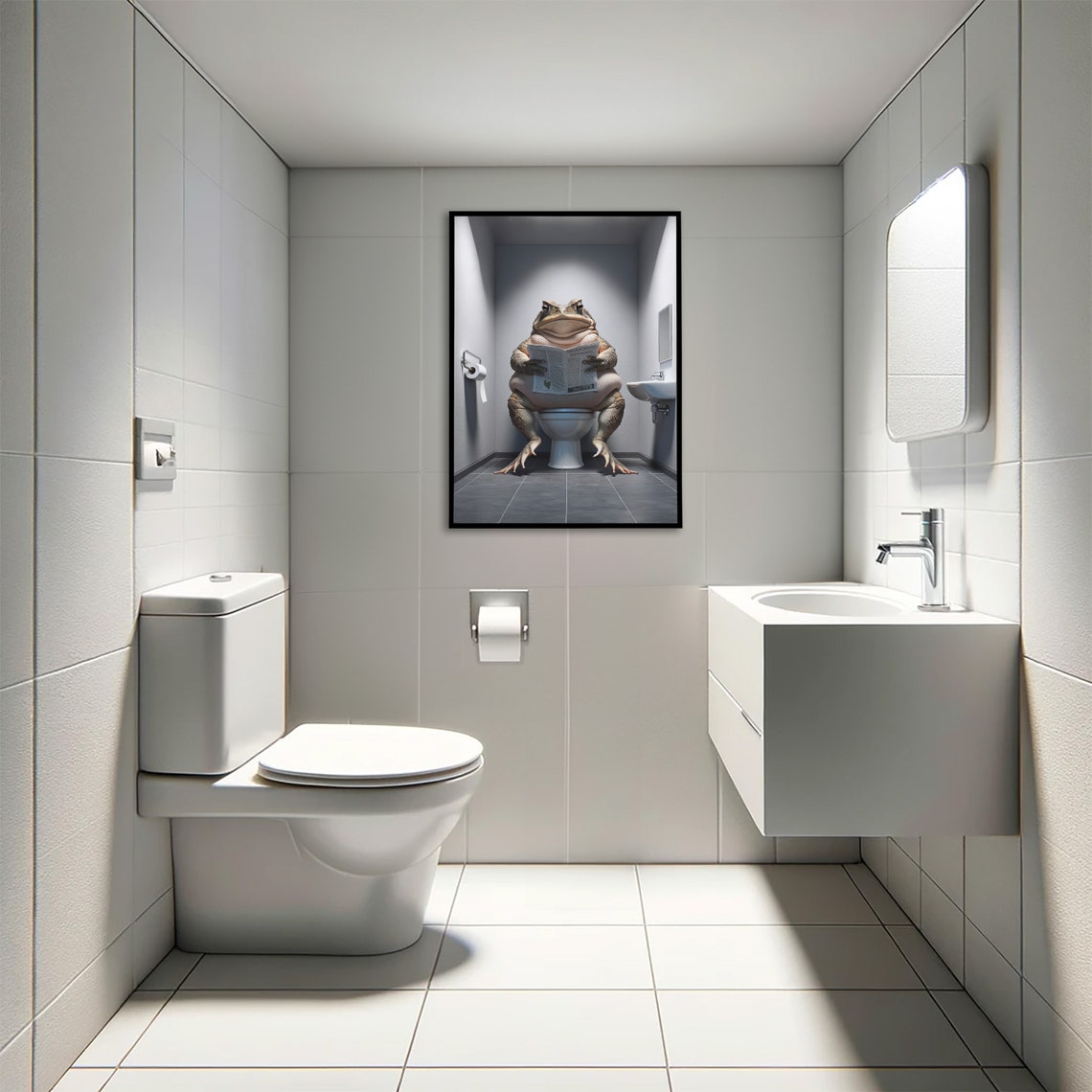 Funny Toad Reading Newspaper On Toilet Whimsical Bathroom Frog Poster - Image 4
