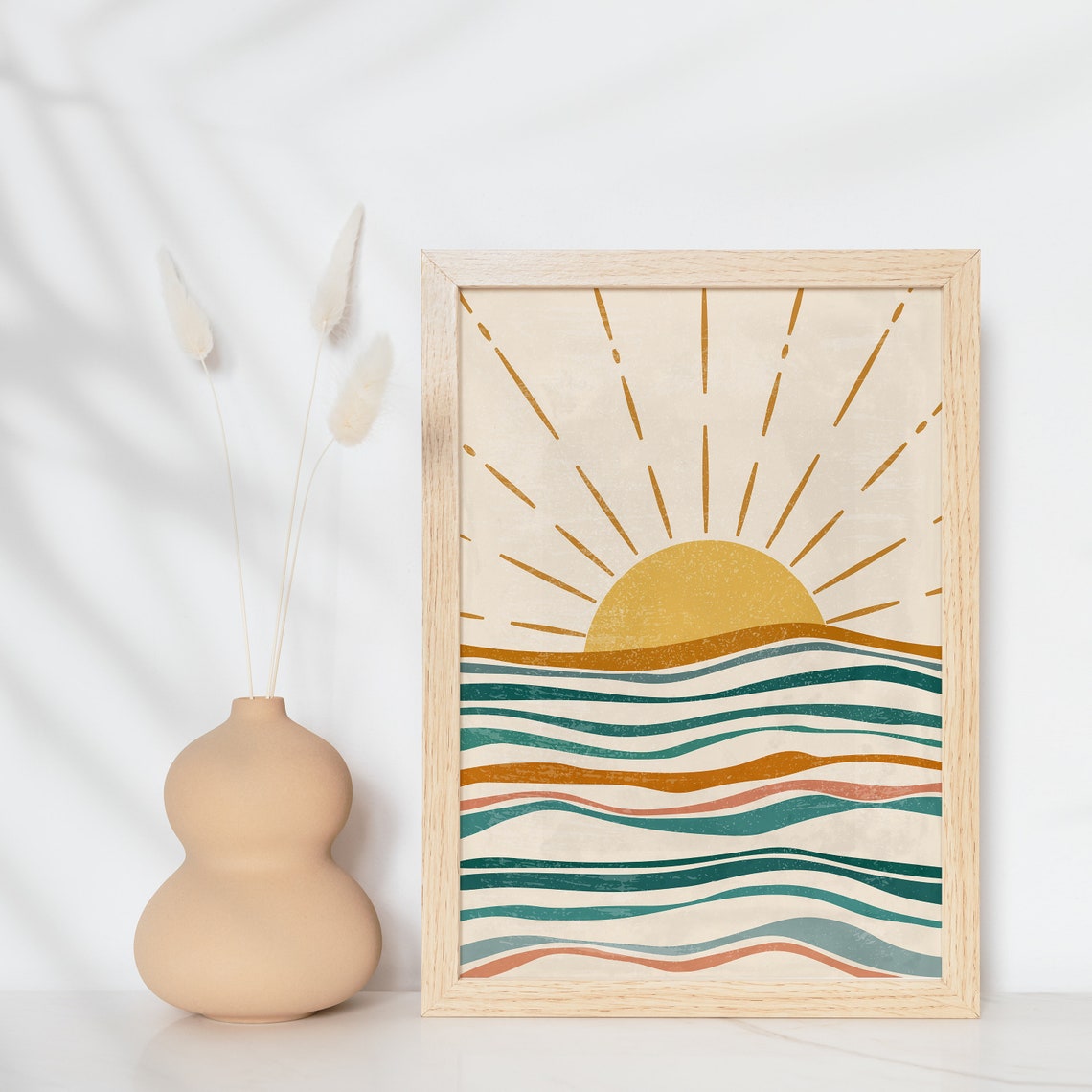 Sun and Ocean Waves Boho Sunset Wall Art Abstract Coastal Piece