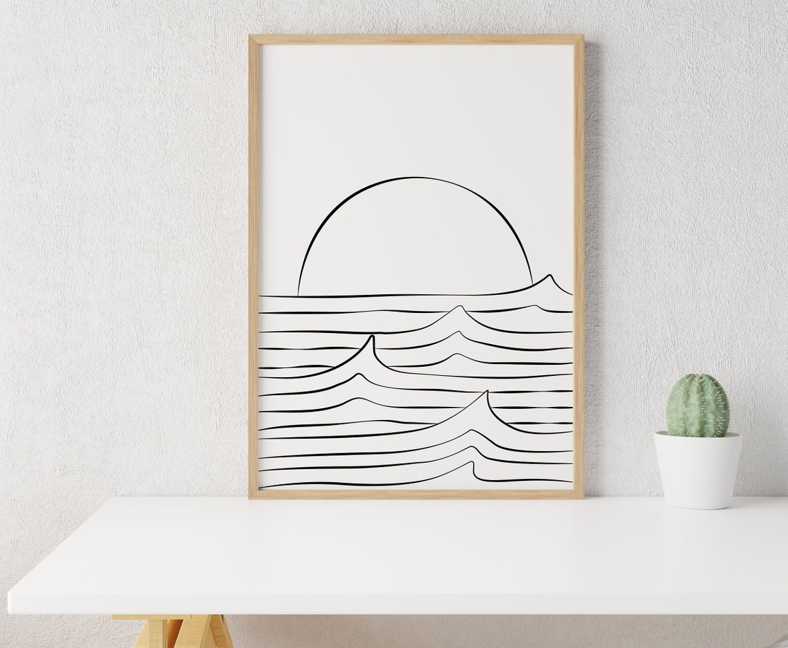 Half Sun Waves One Line Art Minimalist Ocean Sunset Calm Print