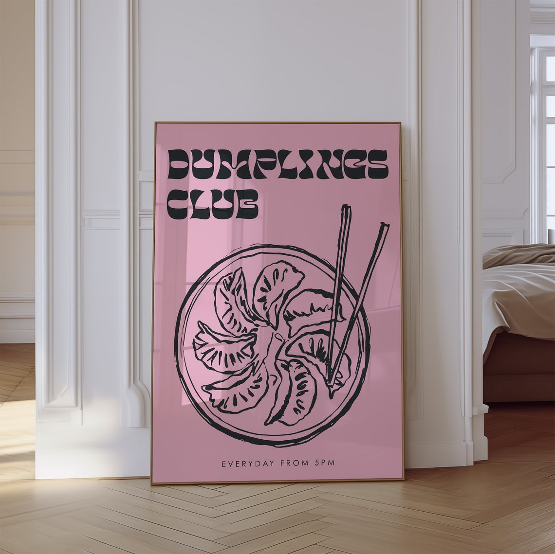 Dumplings Club Pink Retro Chopsticks Kitchen Decor Wall Poster - Image 2