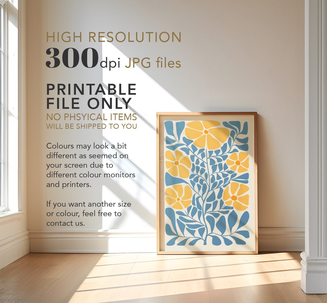 Yellow Flowers Teal Leaves Matisse Style Botanical Folk Art Poster - Image 2
