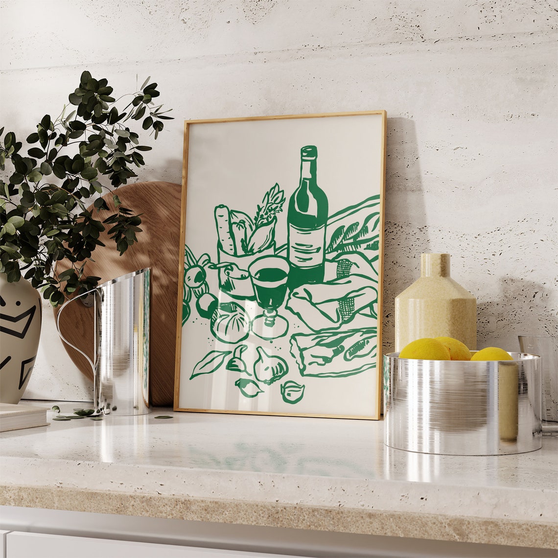 Green Wine Bottle Baguette Still Life French Market Kitchen Poster - Image 2