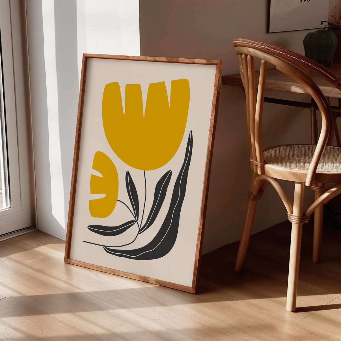 Yellow Abstract Tulip Flower Black Leaves Modern Minimal Art Poster - Image 2