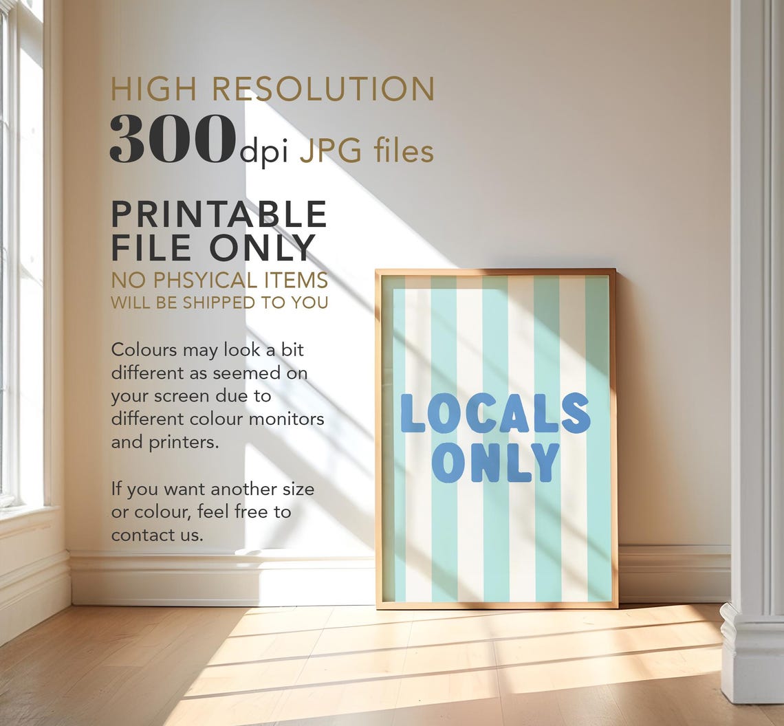 Locals Only Blue Striped Coastal Beach Typography Trendy Wall Poster - Image 3