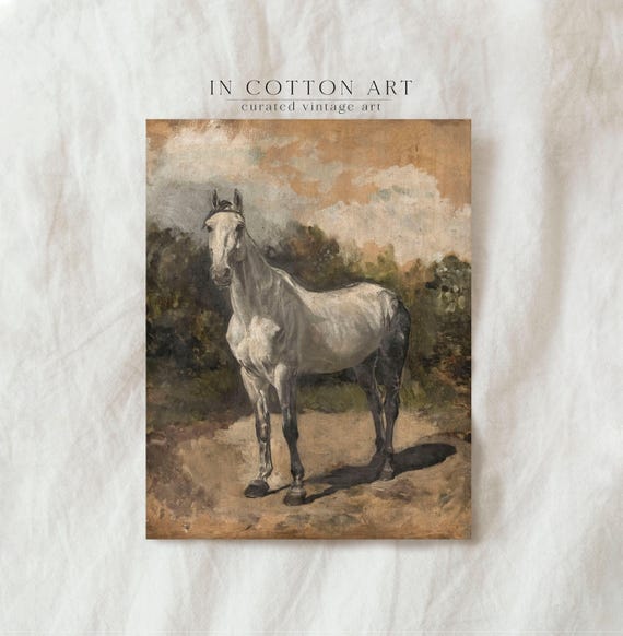 Vintage White Horse Art Print, Farmhouse Equestrian