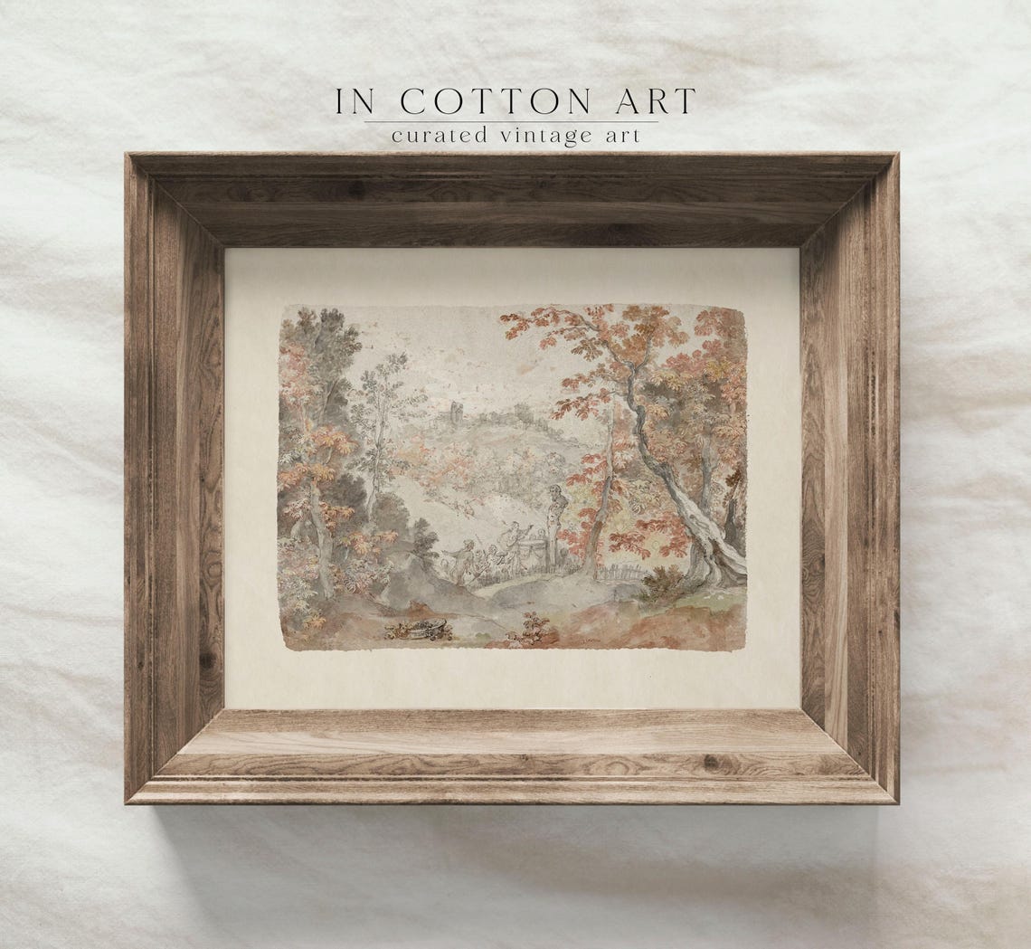 Delicate Autumn Watercolor Park Figures Distant Town Art Print - Image 4