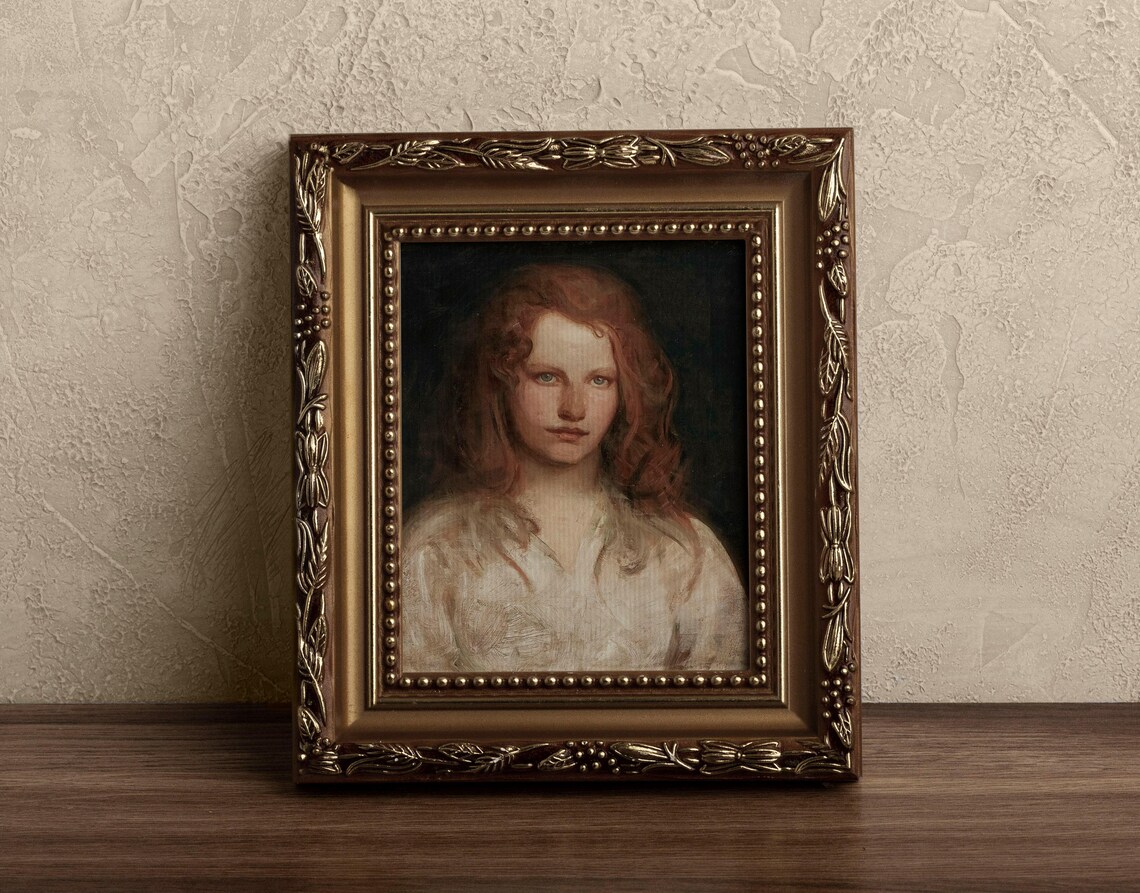 Elegant Victorian Lady Portrait Auburn Hair Moody Oil Painting - Image 3