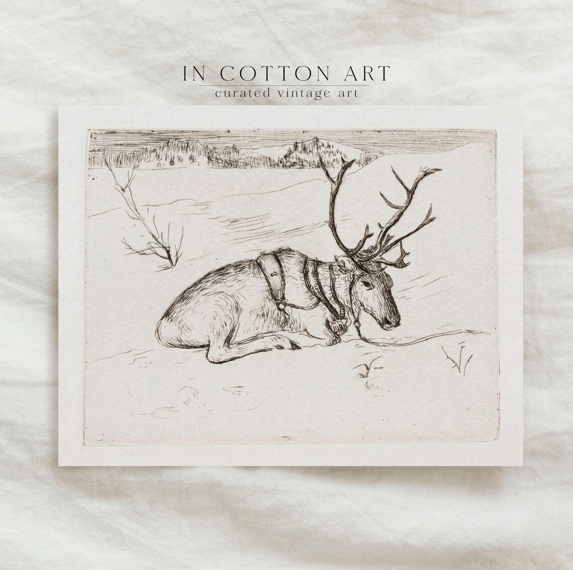 Vintage Christmas Reindeer Drawing, Farmhouse Art Print