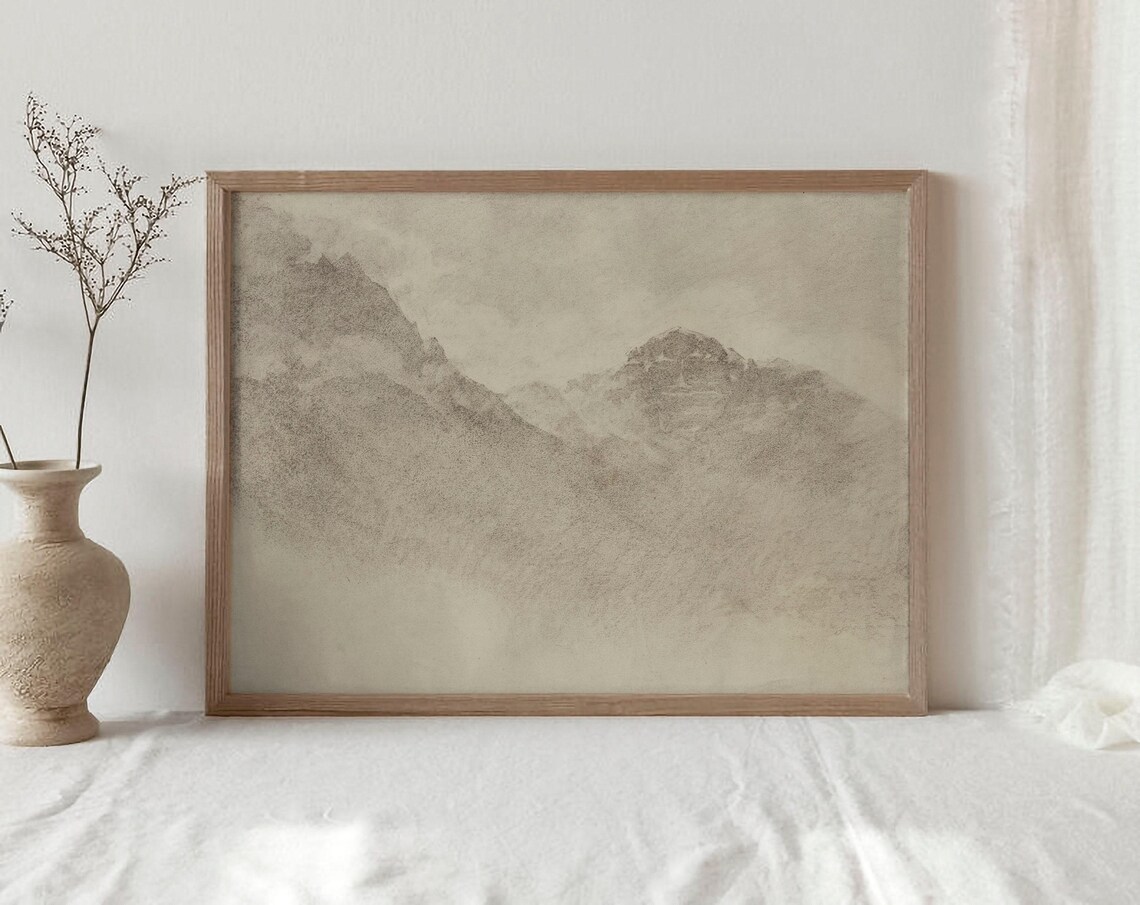 Minimalist Mountain Landscape, Rustic Sketch Art Print - Image 2