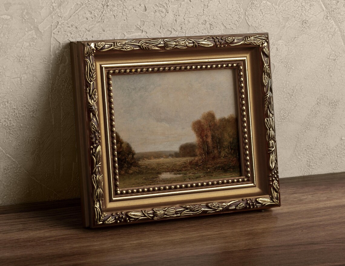 Framed Autumn Field Landscape Cottages Pond Barbizon Oil Print - Image 4