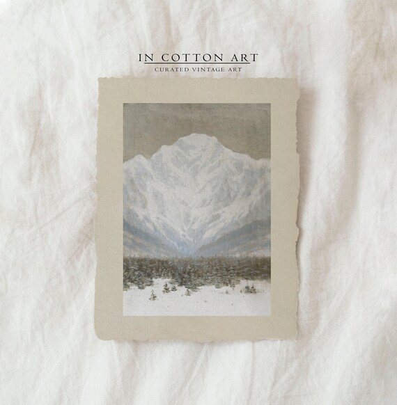 Rustic Mountain Landscape Painting Vintage Snowy Country Forest Neutral Scenery Art Print P170