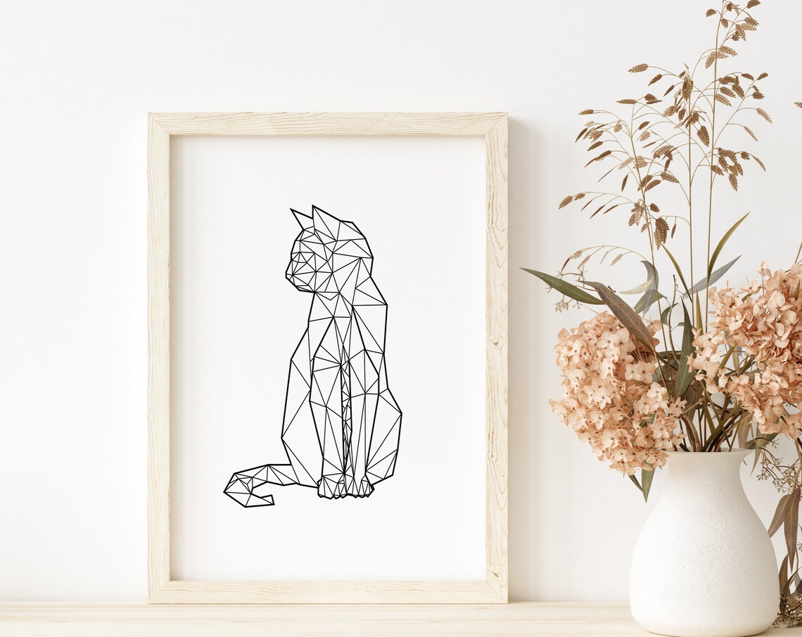 Geometric Cat Line Art Low Poly Sitting Cat Modern Decor Poster - Image 2