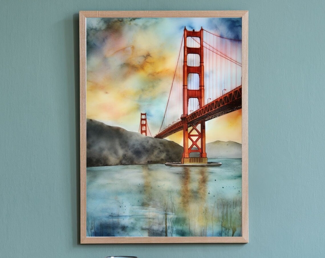 Golden Gate Bridge San Francisco Sunset Watercolor Landmark Poster
