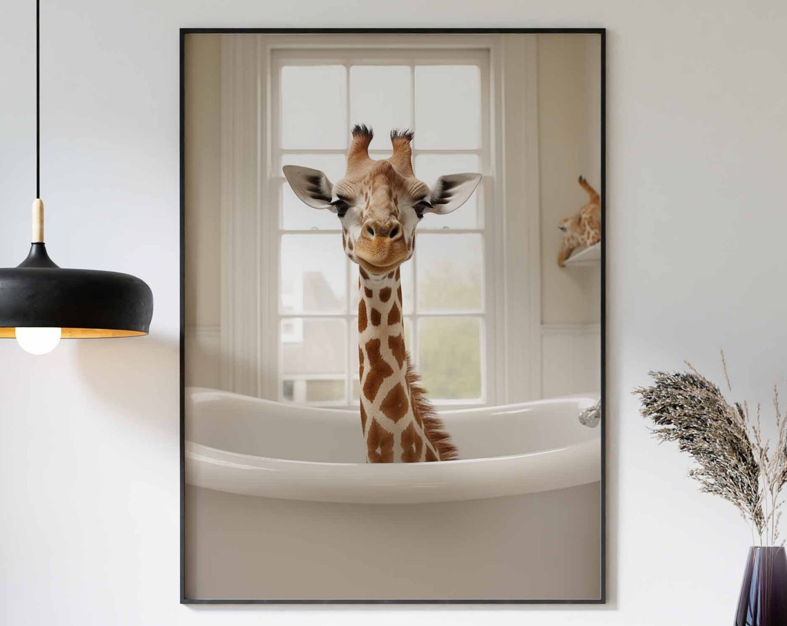 Giraffe Stretching Its Long Neck Over A White Bathtub Poster