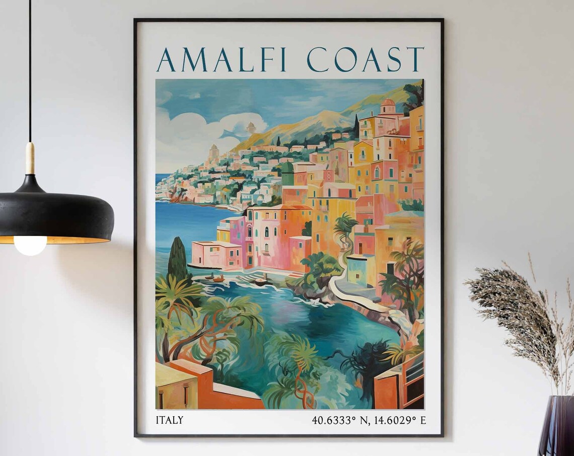 Amalfi Coast Italy Vintage Travel Poster with Pastel Cliffside Village