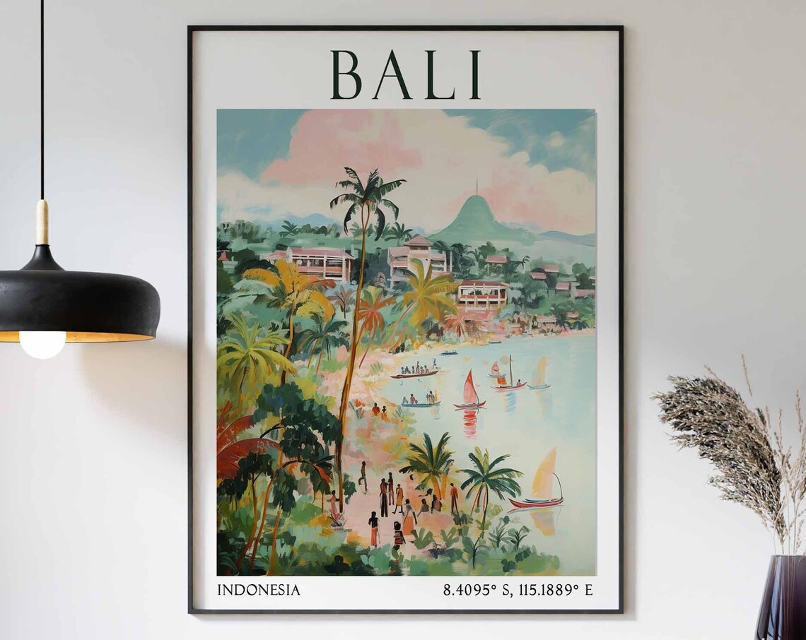 Bali Beach with Palm Trees Sailboats and Green Hills Poster Art