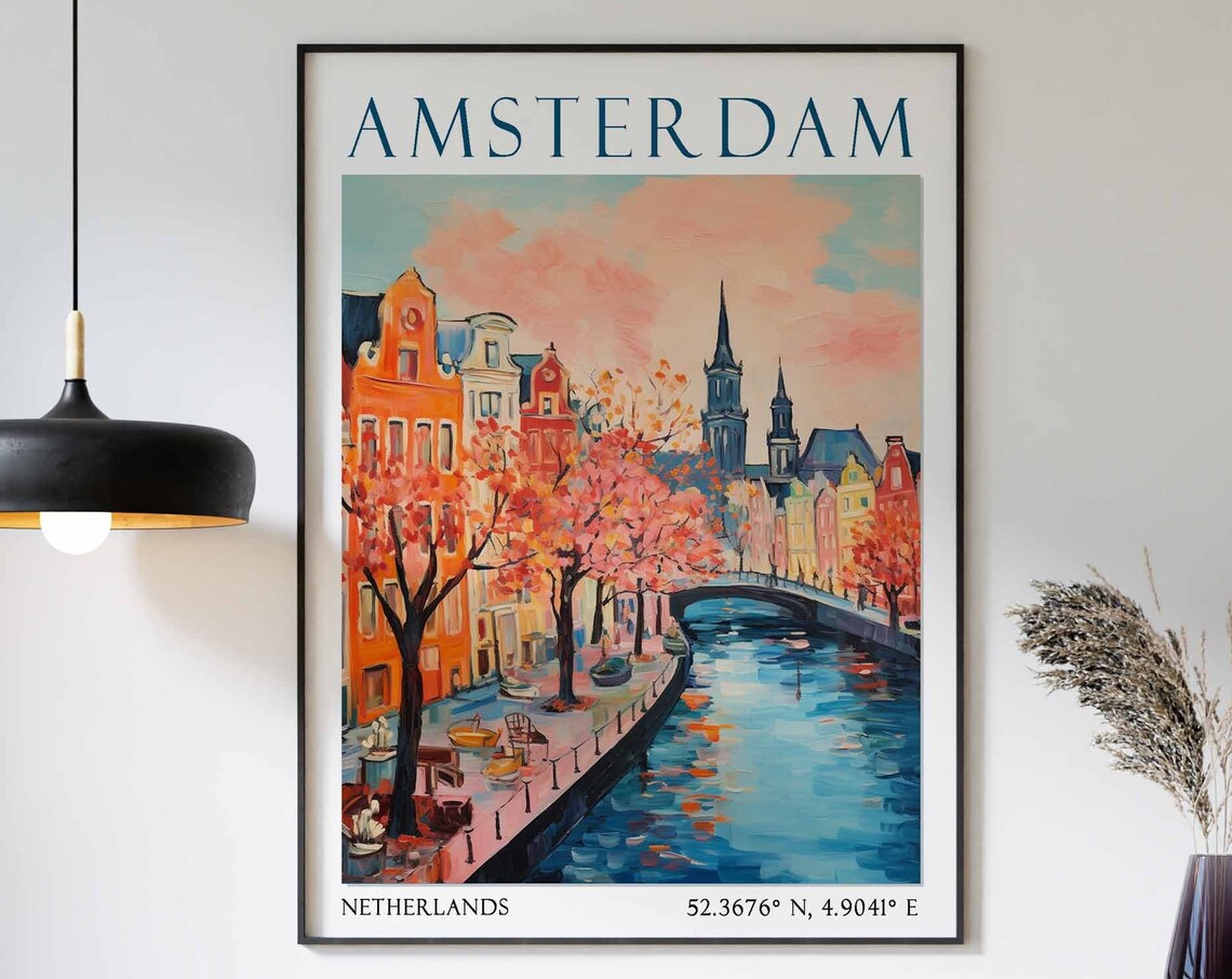 Amsterdam Canal Bridge with Pink Blossom Trees in Spring Poster Art