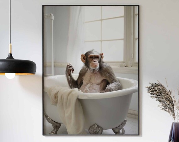 Relaxed Chimpanzee Soaking In A Soapy White Bathtub Spa Poster