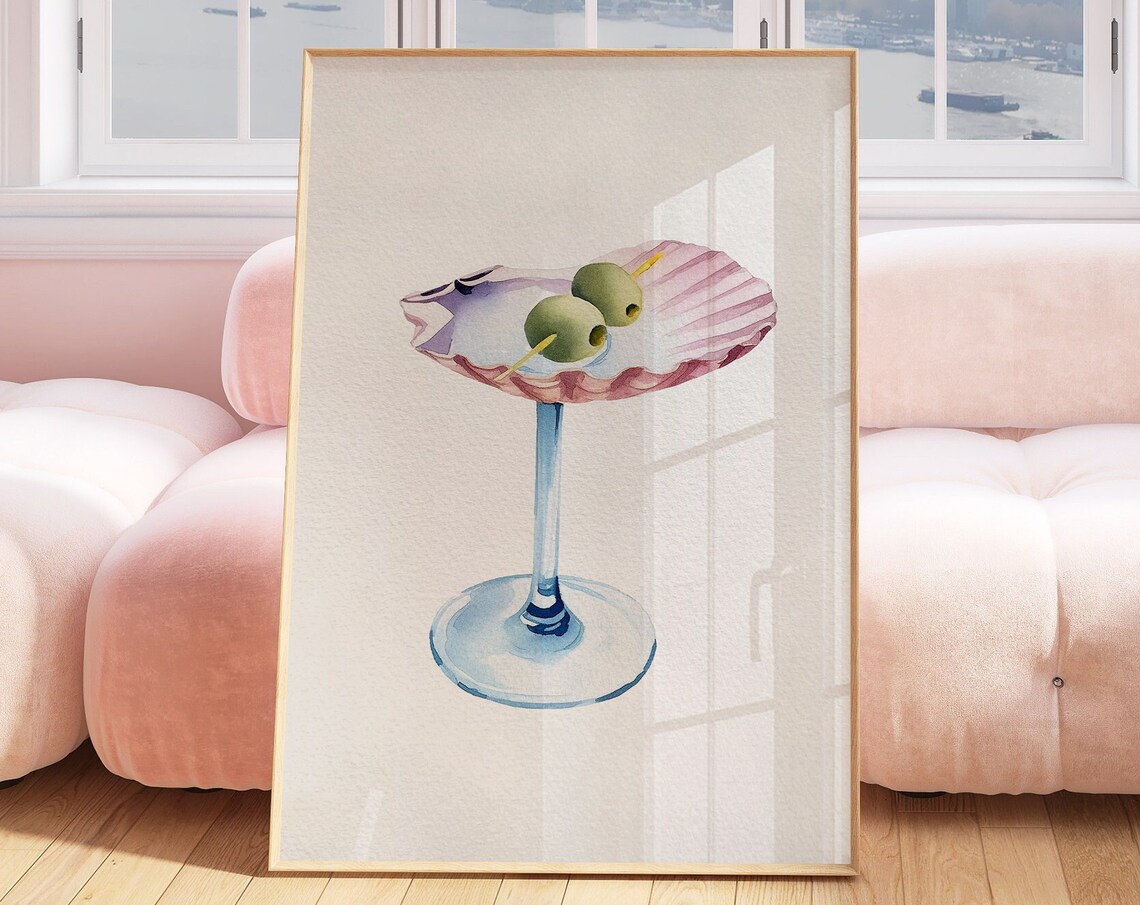 Pink Seashell Cocktail Poster, Coastal Retro Art