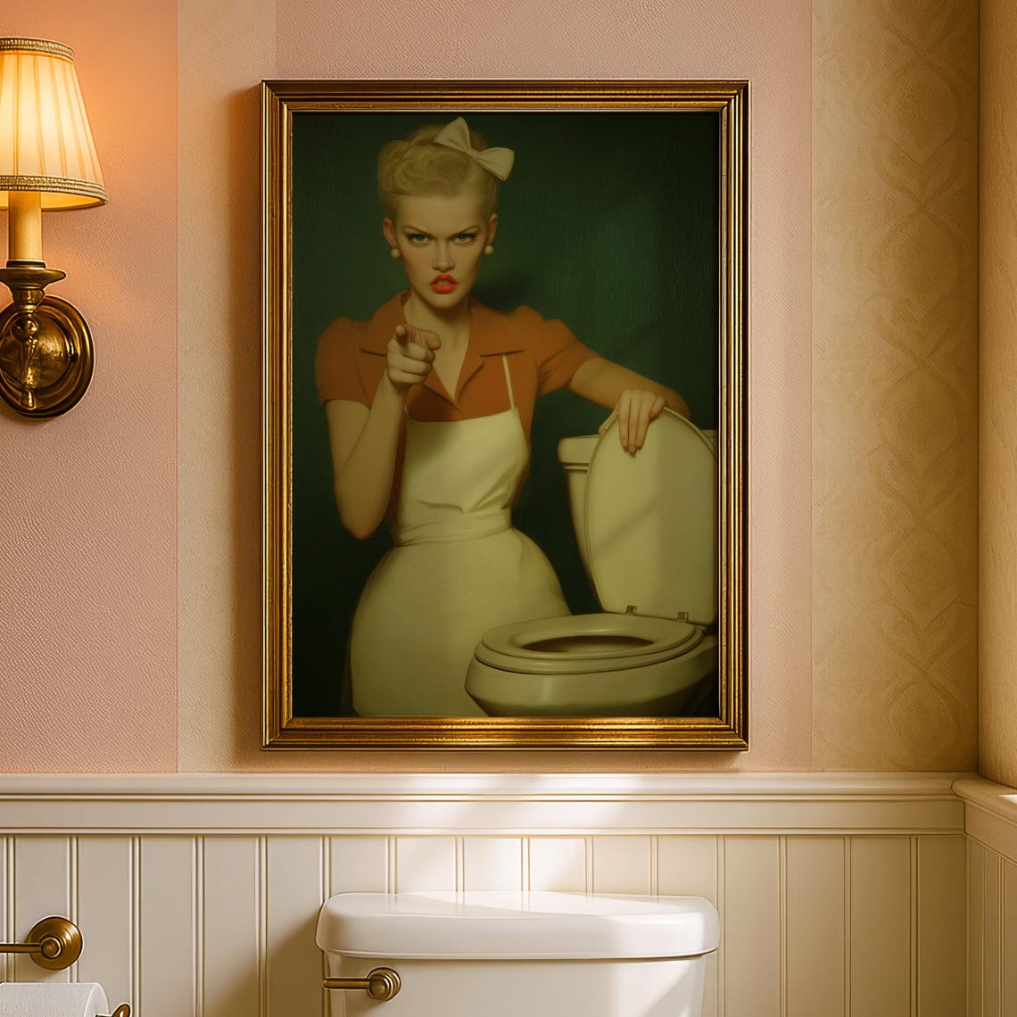 Retro Pin Up Housewife Pointing Finger Funny Bathroom Art Poster
