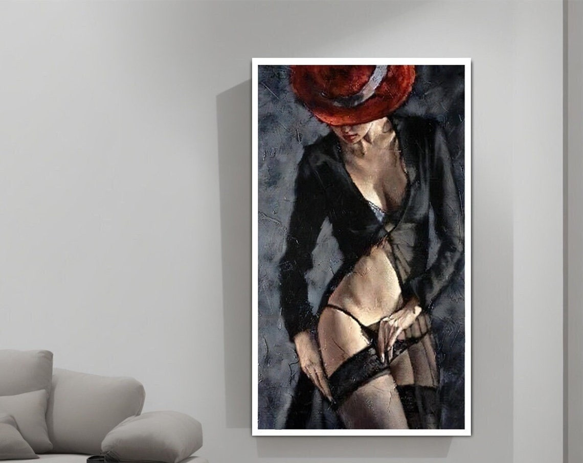 Painting Of Woman In Black Dress With Red Hat Woman In Red Hat Woman In Black Dress Art Sexy Woman Print - Image 3