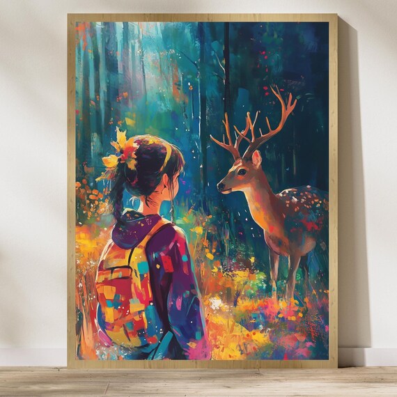 Girl And Stag Fairytale Poster Magical Glowing Forest Meeting Scene