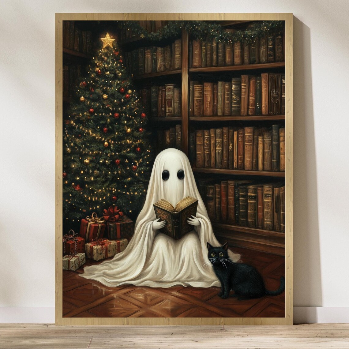 Ghost and Black Cat Spooky Christmas Art Print