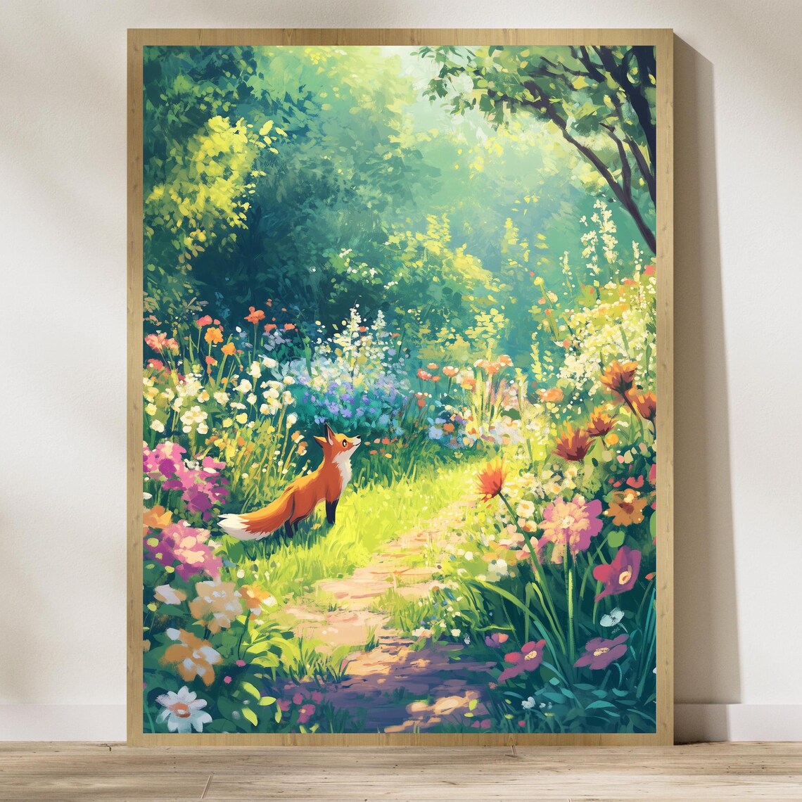 Cute Fox in a Colorful Meadow, Nature Art Print