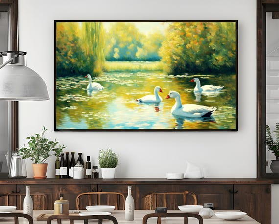 Serene Lake With White Swans Art Large Nature Landscape Painting Print Peaceful Wall Decor Pastoral Wall Art For Living Room Or Bedroom